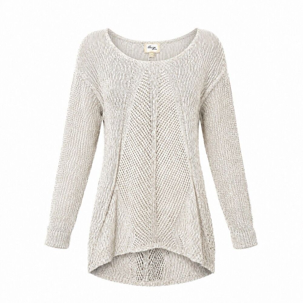 Beige by ECI Women’s L Open Knit Tunic Sweater Boho Hi Low Cotton Blend